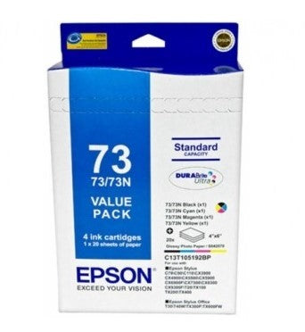 Epson 73N Ink Value Pack 4 inks and 20 sheets 4" x 6" photo paper - Out Of Ink