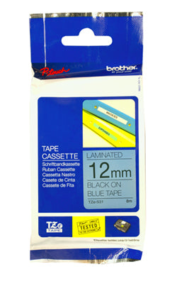 Brother label 12mm Black Text on Blue Tape - 8 metres - Out Of Ink