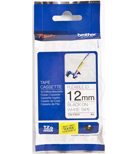 Brother Label 12mm Black Text on White Flexible Tape - 8 metres - Out Of Ink